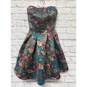 Charlotte Russe Strapless Grey Floral Dress Tie Belt Y2K Size Small Button Bust